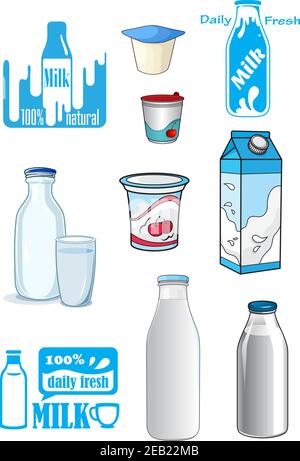 Cartoon milk products and drinks with various bottles, cartons, yoghurt containers and emblems or signs in shades of blue Stock Vector