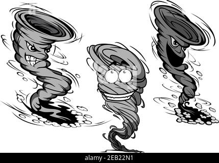 Furious dirty gray tornadoes cartoon characters with clouds of dust and motion trails around them isolated on white background for childish or wheathe Stock Vector