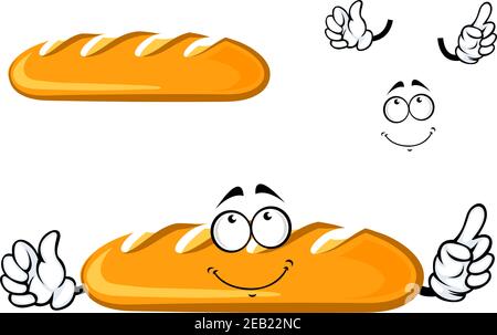 Long loaf of white wheat bread cartoon character showing upward with a dreamy smiling face isolated on white background for bakery shop or food market Stock Vector