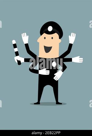 Happy cartoon policeman in black uniform and peaked cap with many hands holding in one of them a traffic rod in flat style for professions or multitas Stock Vector