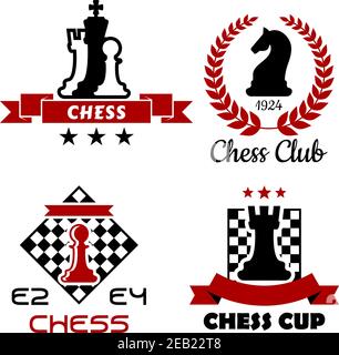 Black and red Chess cup, club and tournament symbols or emblems isolated on white background Stock Vector