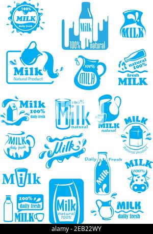 Natural fresh milk blue labels and emblems in retro style including bottles, packs, jugs and glasses with splashes and drops suited for food or bevera Stock Vector
