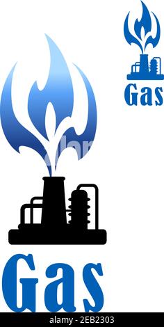 Gas refinery and mining concept with a silhouette of petrochemical plant with a flame, for logo or emblem design Stock Vector