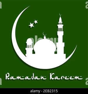 Mosque with crescent and stars white silhouettes on dark green background with caption Ramadan Kareem below suitable as greeting card design template Stock Vector