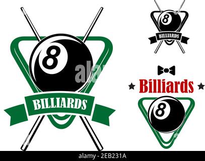 Billiards or pool emblems showing balls in the triangle racks with stars and bow tie and second variant with crossed cues and ribbon banner suitable f Stock Vector
