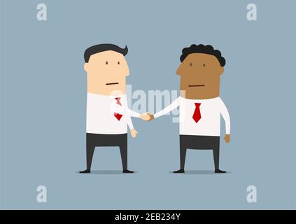 Cartoon businessmen of different ethnicities shaking hands as a symbol of friendship and partnership Stock Vector