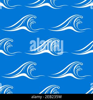 Cartoon white waves curls seamless pattern with ocean surf on blue background, for fabric or background design Stock Vector