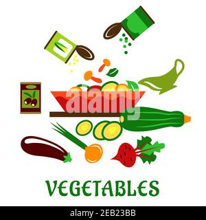 Mushrooms, green peas and sweetcorn falling in a deep salad bowl with chopped vegetables that standing beside with preserved olives can, whole and sli Stock Vector