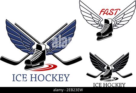 Ice hockey logo or emblems depicting ice skates with wings, motion trails and crossed sticks on the background in different color variations with capt Stock Vector