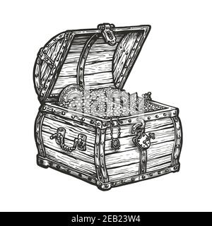 Wooden treasure chest. Wealth vintage sketch vector illustration Stock Vector
