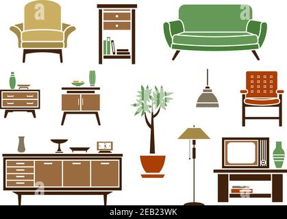 Flat interior decorations and furniture icons set with chair, wardrobe, bed, lamp, dresser, nightstand and TV Stock Vector