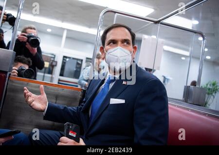 Washington, United States Of America. 09th Feb, 2021. UNITED STATES - FEBRUARY 9: Sen. Marco Rubio, R-Fla., is seen in the senate subway after the first day of the impeachment trial of former President Donald Trump in the Capitol in Washington, DC, on Tuesday, February 9, 2021. Credit: Tom Williams/Pool via CNP/AdMedia/Newscom/Alamy Live News