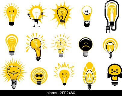 Glowing light bulbs icons in cartoon style showing electric filament lamps with bright yellow light, isolated on white background, for creative idea o Stock Vector