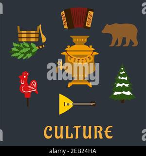 Russian culture flat icons set with the balalaika, bear, samovar, snowy trees, sauna, candy and accordion Stock Vector