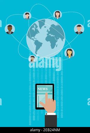 Creative global networking concept design with human hand using tablet computer for connecting people around the globe with binary digits Stock Vector