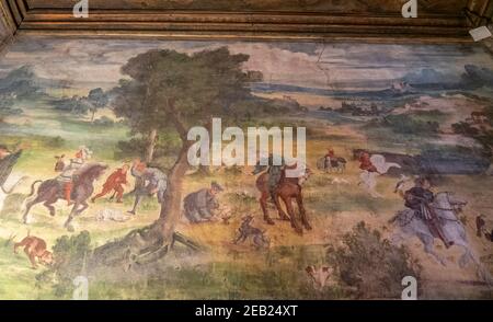 TRENTO, ITALY - JUNE, 1, 2019: fresco depicting a falconry hunting party on a wall at buonconsiglio castle Stock Photo