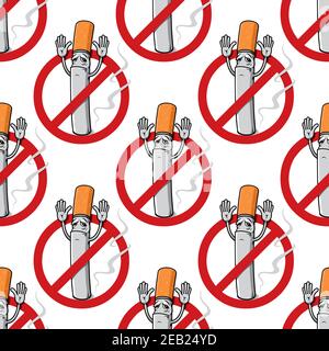 No smoking sign seamless pattern with cartoon cigarette with raised hands Stock Vector