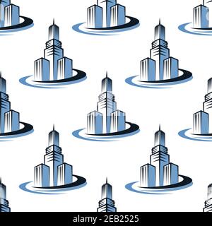 Office and skyscrapers seamless pattern with high blue buildings and round waves Stock Vector