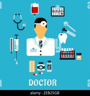 Doctor therapist in flat style with medical icons as tubes, flasks, drugs and pills, syringe, dentistry, blood transfusion, ultrasound stethoscope Stock Vector