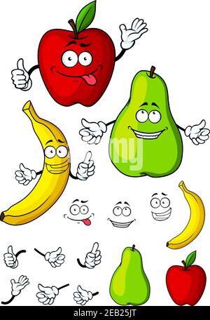 Smiling happy fresh healthy colorful cartoon pear, apple and banana fruits isolated on white background Stock Vector