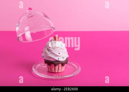 Creative minimal concept made of cupcake with colorful sugar decoration under glass cover on pink  background. Copy space Stock Photo