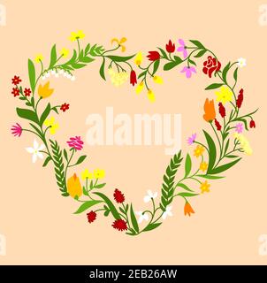 Floral heart shaped frame design with spring wildflowers wreath interwoven with gentle lilies of the valley, daisies, roses and blooming herbs on dark Stock Vector