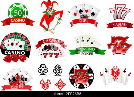 Large set of colored casino and poker icons or emblems with tokens, chips, playing cards, Joker and lucky numbers 777 Stock Vector