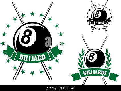 Billiards or pool retro emblems in green and black colors with eight ball and crossed cues encircled by ribbon banners, stars and laurel branches for Stock Vector