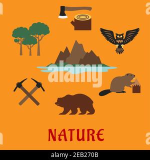 Canadian nature and travel concept showing famous nature symbols rocky mountains of the Valley of the ten peaks and Moraine lake, trees, axe on stump, Stock Vector