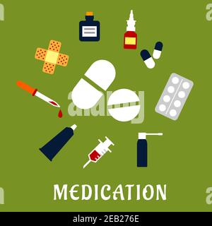 Medication flat concept with medicament drugs icons such as capsules and blister of pills, nose and throat sprays, syringe, drops bottle and dropper, Stock Vector