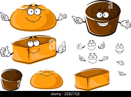 Fresh bakery products with homemade bread and round white wheat and brown rye loafs with funny faces for bakery shop design Stock Vector