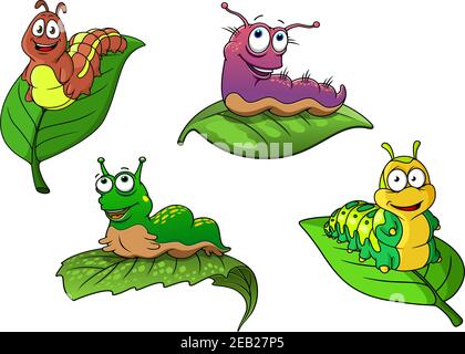 Cute colorful cartoon caterpillars characters with happy smiling faces