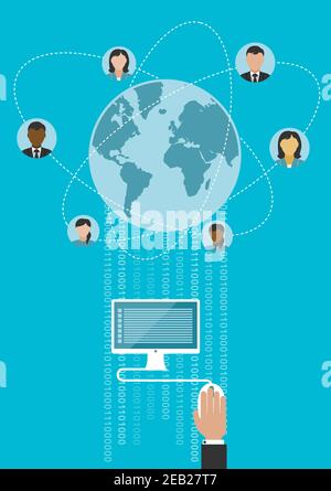 Global communication concept, flat style. Businessman hand using desktop computer connecting to partners worldwide with blue globe surrounded avatars Stock Vector