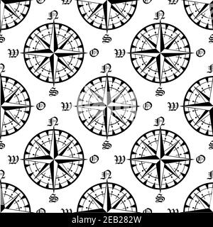 Vintage navigation compass seamless pattern with repeated motif of black compass rose on white background, for adventure or travel design Stock Vector