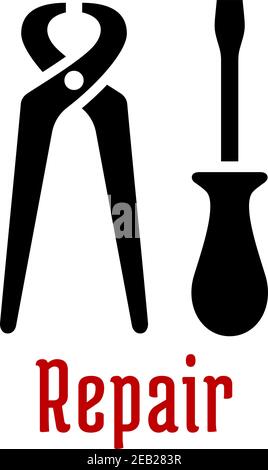 Pincers and screwdriver hand tools black silhouettes isolated on white background with red caption Repair Stock Vector