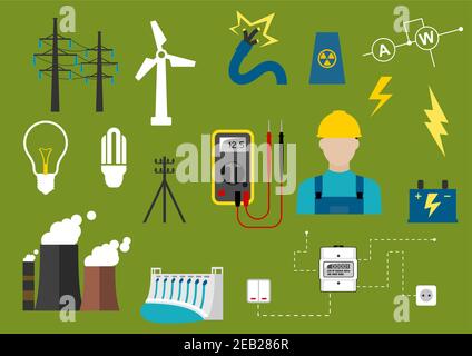 Electricity industry flat infographic icons including power generation and transportation, electrical engineering and professional electrician symbols Stock Vector
