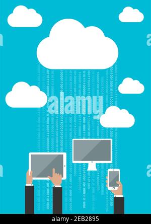 Cloud service concept in flat style with hands using desktop computer, smartphone and tablet pc, connected to the cloud data storage with data streams Stock Vector