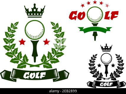Golf ball on tee for sporting emblems or badges design, framed by laurel wreath and ribbon banners with stars and crown on the tops in green, red and Stock Vector