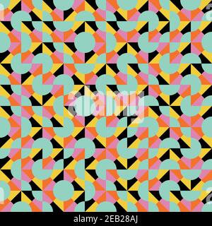 Vector truchet geometric seamless pattern background. Retro multicolor backdrop with random tiled triangular, rhombus and circle shapes. Layered blend Stock Vector