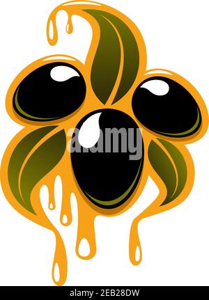 Premium shiny black olives fruits abstract symbol with curved green leaves and dripping yellow olive oil for agriculture or vegetarian food design Stock Vector