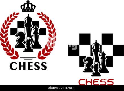 Chess heraldic emblems with black silhouettes of kings, queens, knights and pawns on checkered background and second variant supplemented by laurel wr Stock Vector