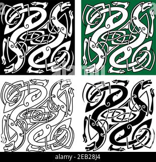 Abstract celtic dragons with tribal stylized entwined wings and long tails on white, green and black backgrounds for tattoo or religious design Stock Vector