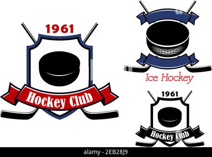 Ice hockey club emblems or badges including hockey pucks, crossed sticks, heraldic shield with date foundation and ribbon banners Stock Vector