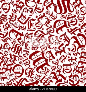 Seamless pattern of randomly scattered gothic letters with medieval calligraphy elements on white background, for background or textile design Stock Vector