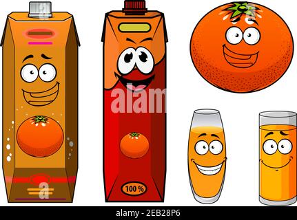 Cartoon orange juice packs characters with funny smiling bright orange and red juice cartons, filled glasses of citrus beverage an ripe orange fruit Stock Vector