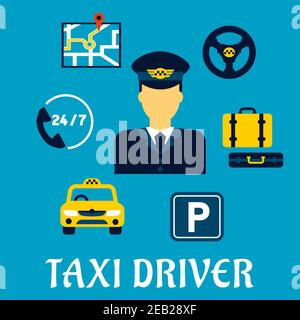 Taxi driver profession flat concept with elegant man in uniform surrounded by taxi service icons such as yellow car, parking sign, luggage, steering w Stock Vector