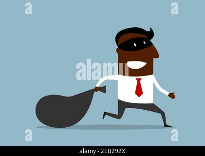 Businessman in burglar mask flees with stolen bag, cartoon flat style Stock Vector