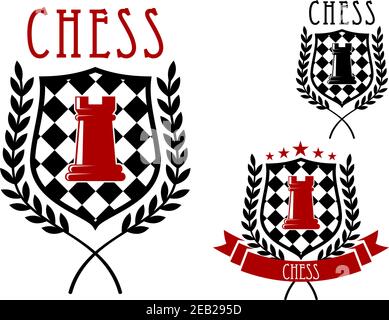 Chess tournament emblems or badges including red rook on chessboard shield, decorated with laurel branches, stars and ribbon banner Stock Vector