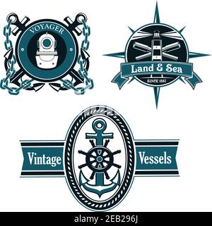 Heraldic icon with crossed anchors and compass, vector nautical ...