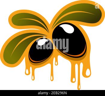 Black olive fruits with green leaves and oil drops isolated on white. For agriculture or vegetarian healthy food design Stock Vector